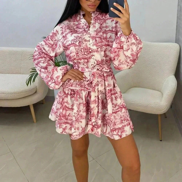 Red Boho Women's Elegant Random Print Long Sleeve Tie-Waist Loose Fit Midi Dress - Picture 7 of 7